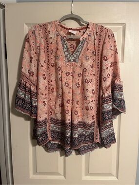Knox Rose Pink Floral Boho Peasant Top Blue Bell Sleeves 3/4 Crochet Blouse L